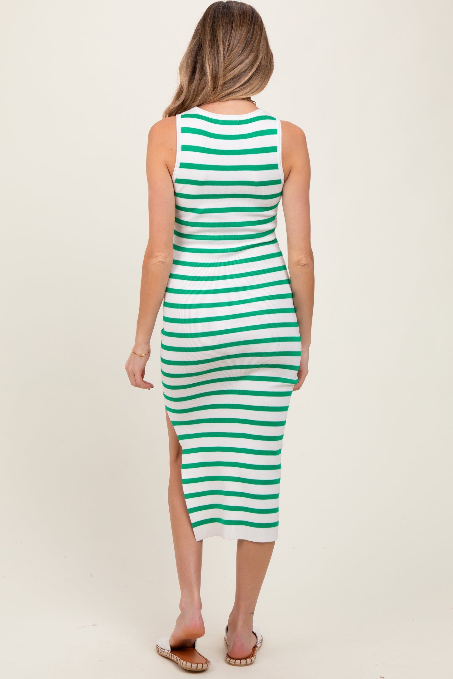 Green Striped Knit Sleeveless Side Slit Maternity Midi Dress