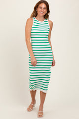 Green Striped Knit Sleeveless Side Slit Maternity Midi Dress