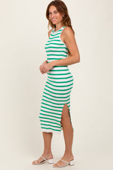 Green Striped Knit Sleeveless Side Slit Midi Dress