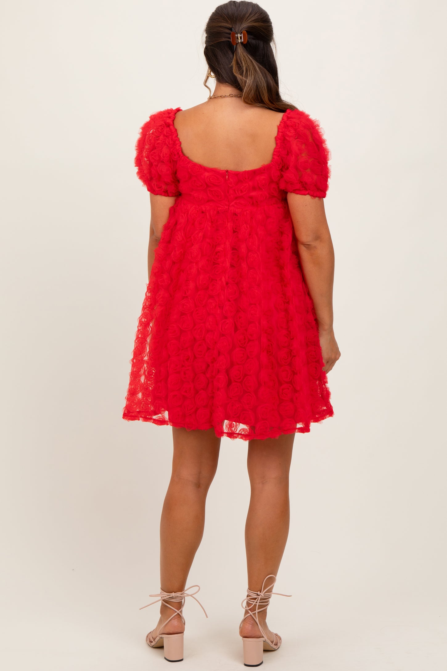 Red Floral Applique Overlay Maternity Dress
