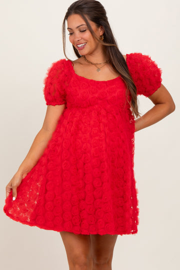 Red Floral Applique Overlay Maternity Dress