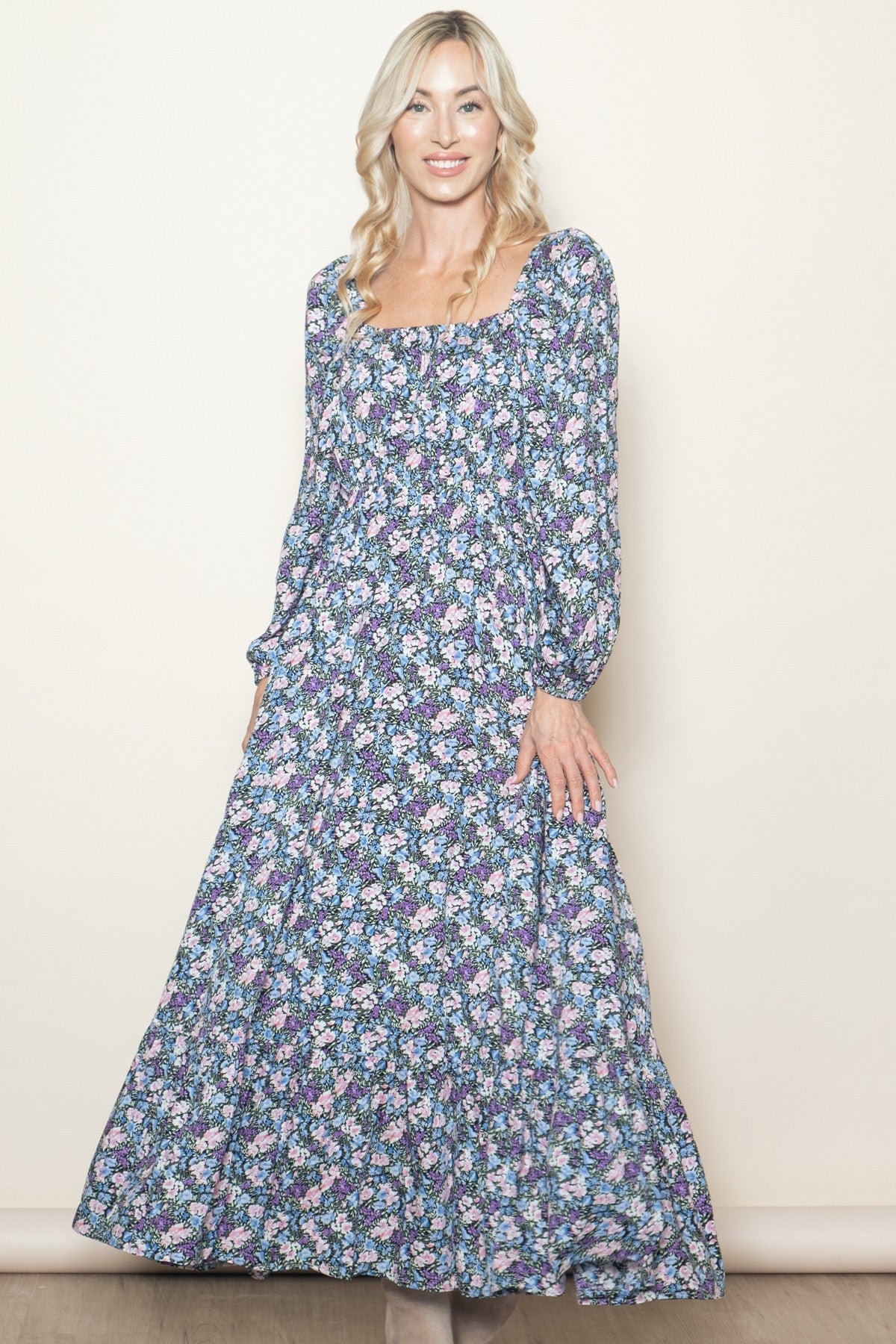 Blue Floral Reversible Long Sleeve Maxi Dress