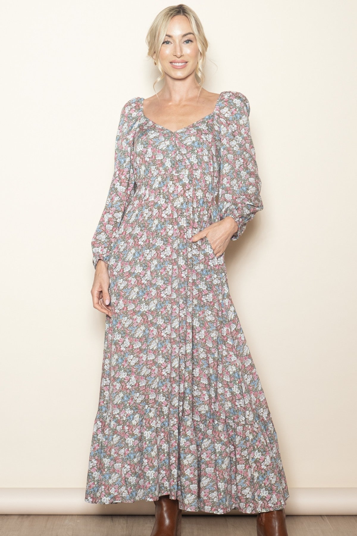 Pink Floral Reversible Long Sleeve Maxi Dress