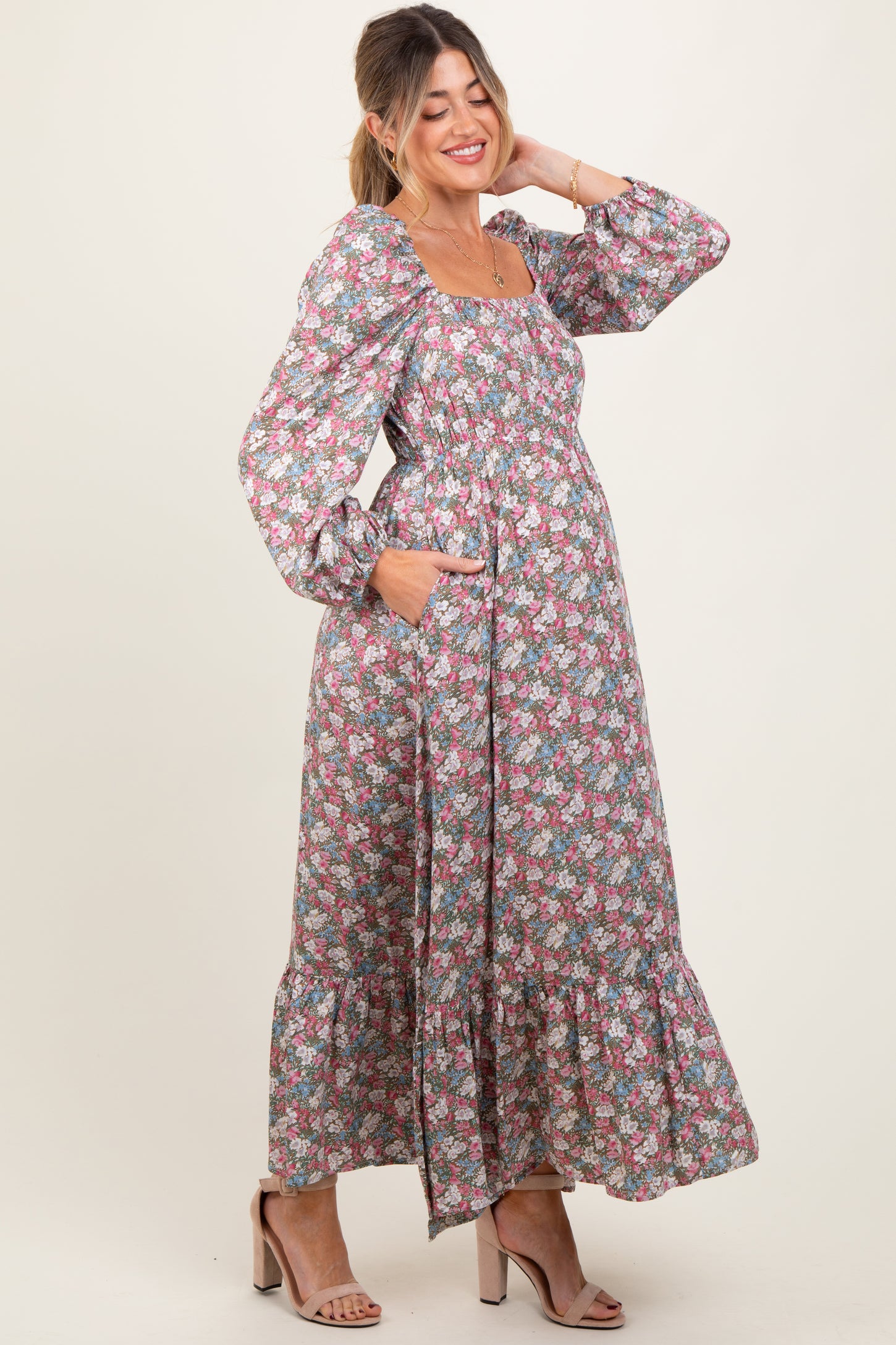 Pink Floral Reversible Long Sleeve Maternity Maxi Dress