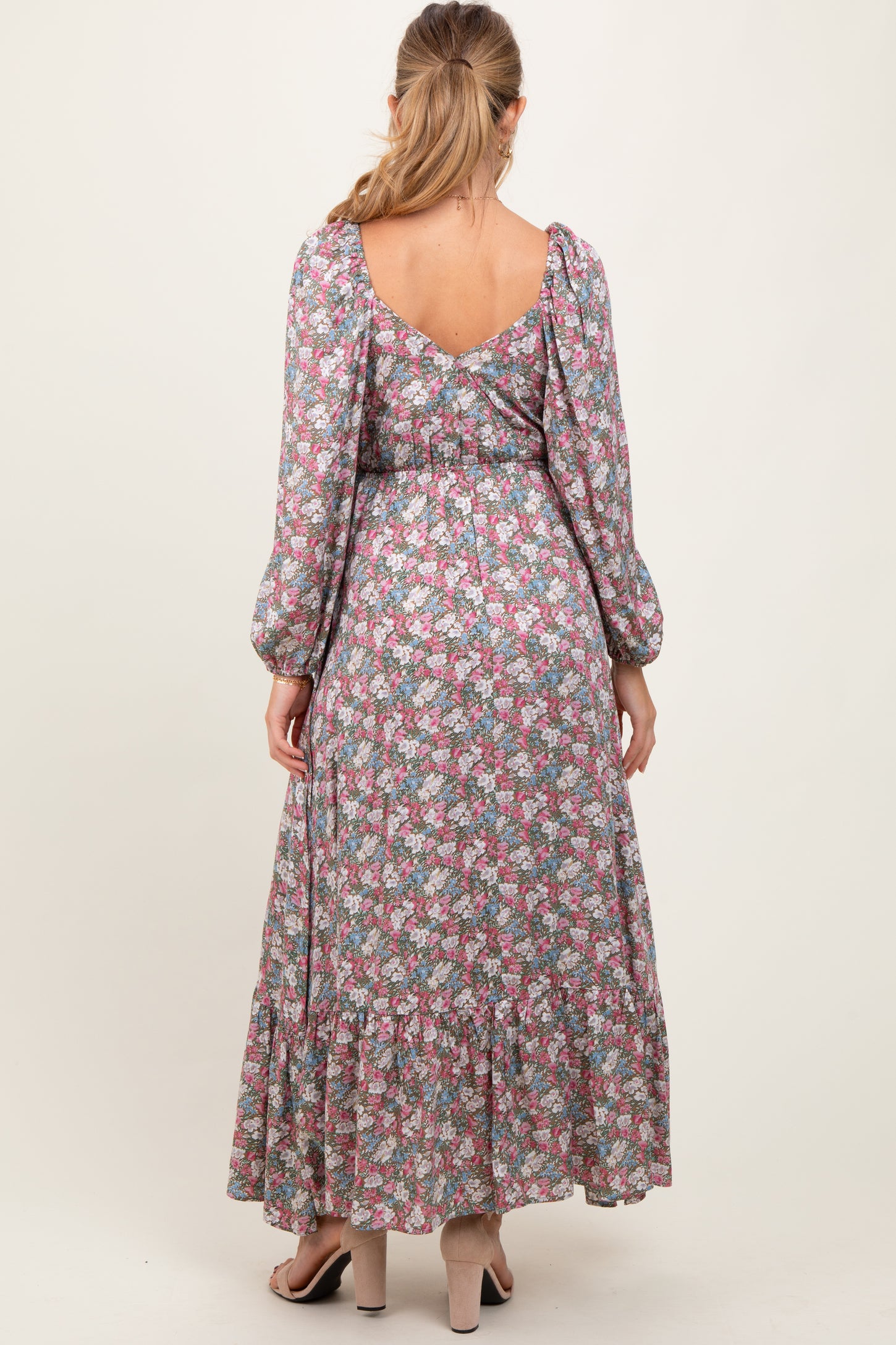 Pink Floral Reversible Long Sleeve Maternity Maxi Dress