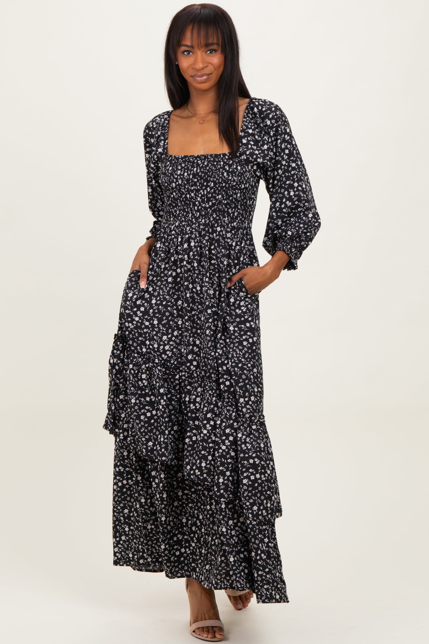 Black Floral Asymmetrical Ruffle Hem Maternity Maxi Dress