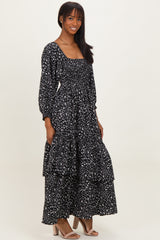 Black Floral Asymmetrical Ruffle Hem Maxi Dress