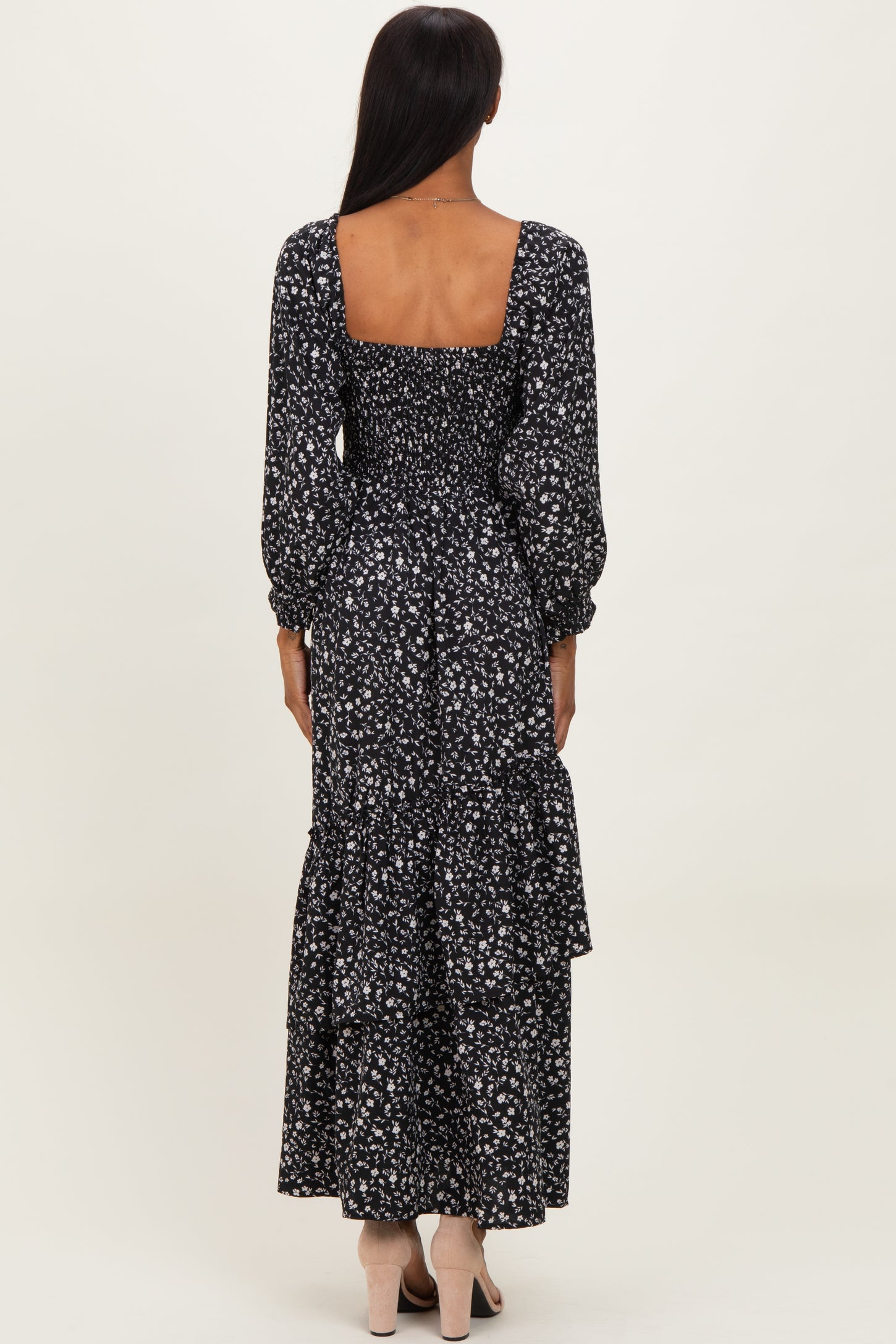 Black Floral Asymmetrical Ruffle Hem Maxi Dress