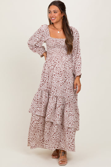 Cream Floral Asymmetrical Ruffle Hem Maternity Maxi Dress