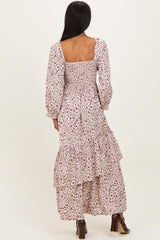 Cream Floral Asymmetrical Ruffle Hem Maxi Dress