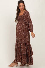 Brown Floral Asymmetrical Ruffle Hem Maternity Maxi Dress