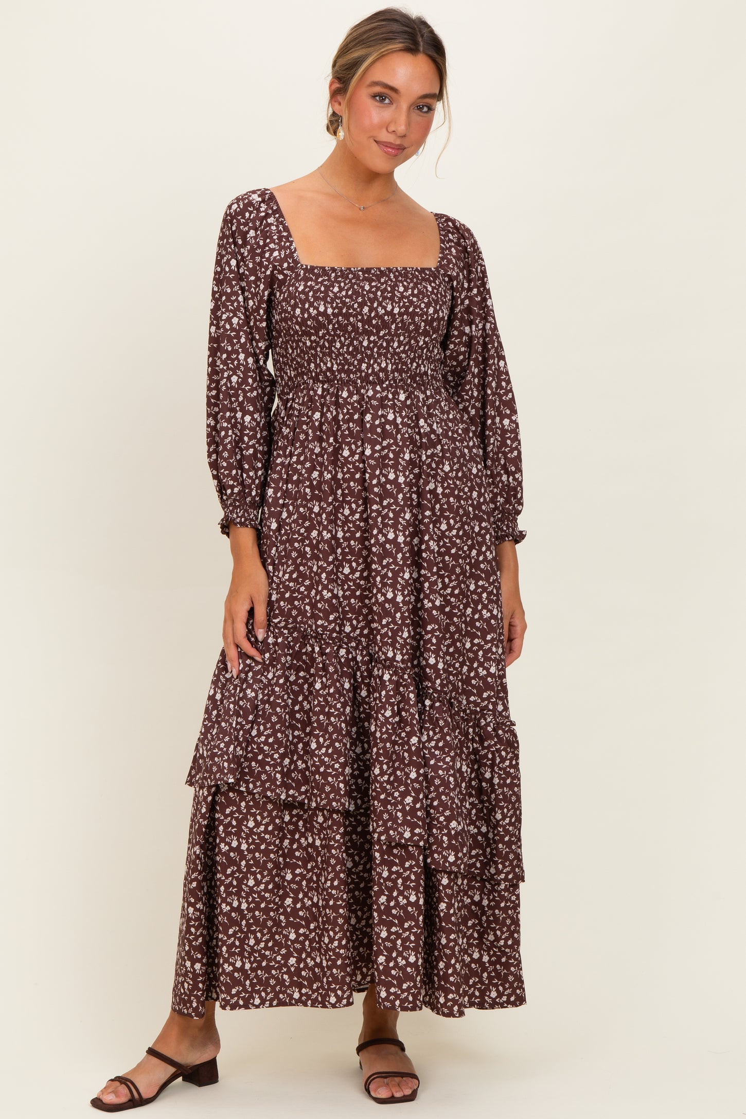 Brown Floral Asymmetrical Ruffle Hem Maxi Dress