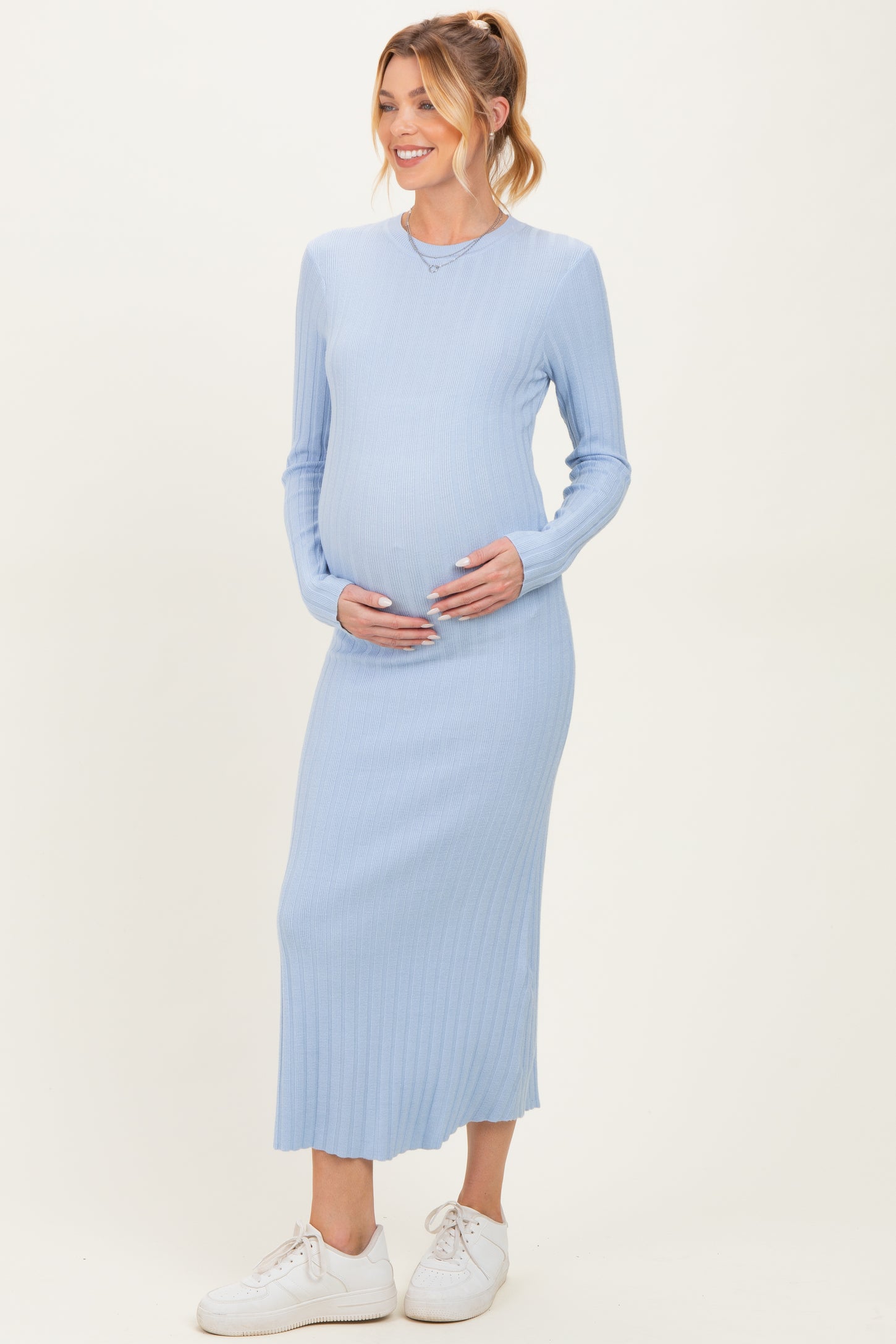Light Blue Ribbed Knit Fitted Maternity Midi Sweater Dress
