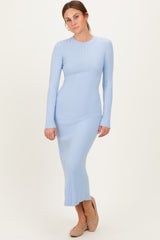 Light Blue Ribbed Knit Fitted Midi Sweater Dress