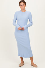 Light Blue Ribbed Knit Fitted Midi Sweater Dress