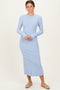 Light Blue Ribbed Knit Fitted Midi Sweater Dress