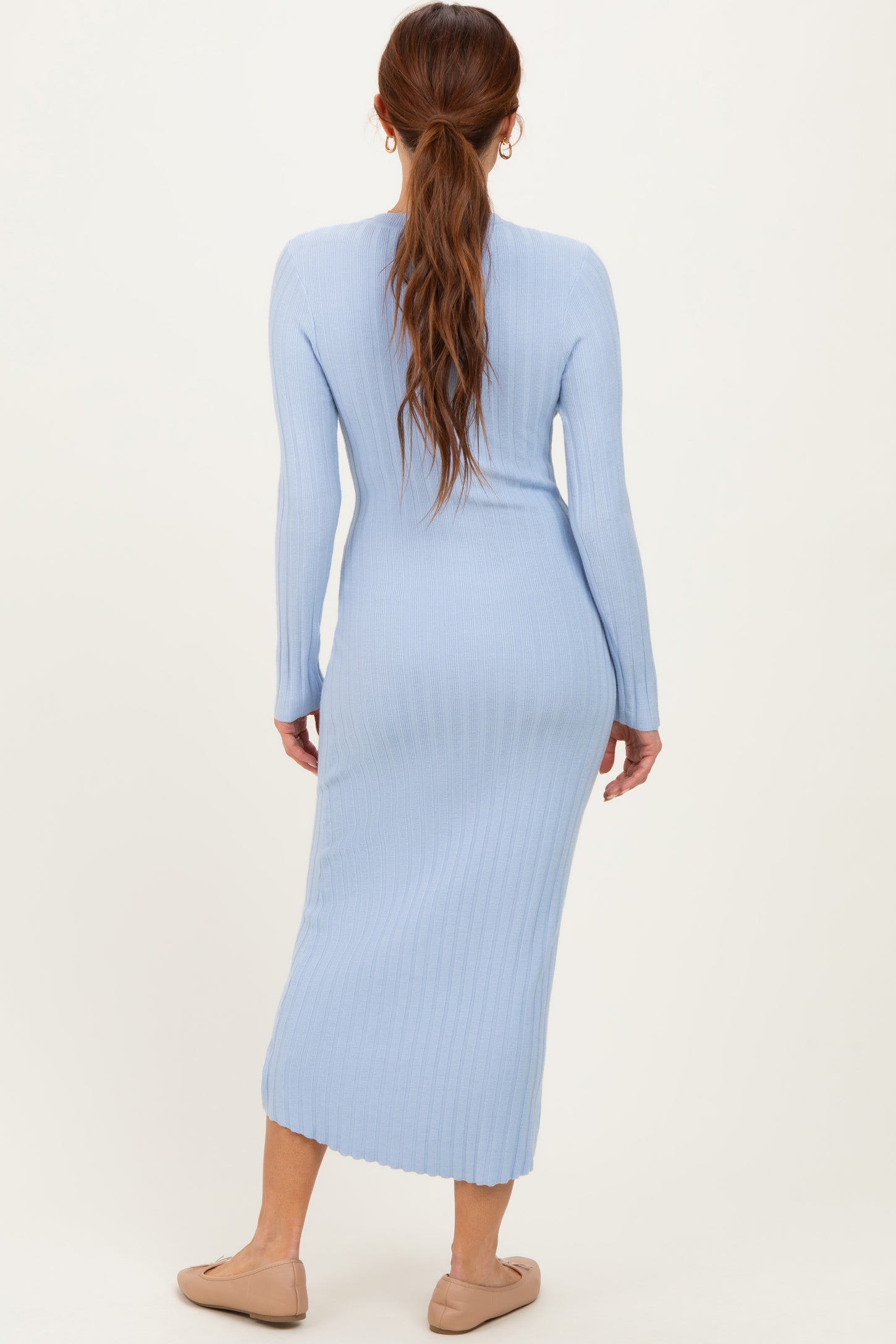 Light Blue Ribbed Knit Fitted Midi Sweater Dress