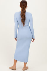 Light Blue Ribbed Knit Fitted Midi Sweater Dress