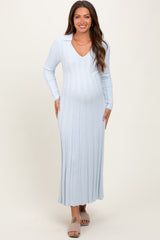 Light Blue Wide Ribbed Knit Collared Maternity Midi Dress