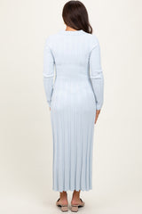 Light Blue Wide Ribbed Knit Collared Maternity Midi Dress