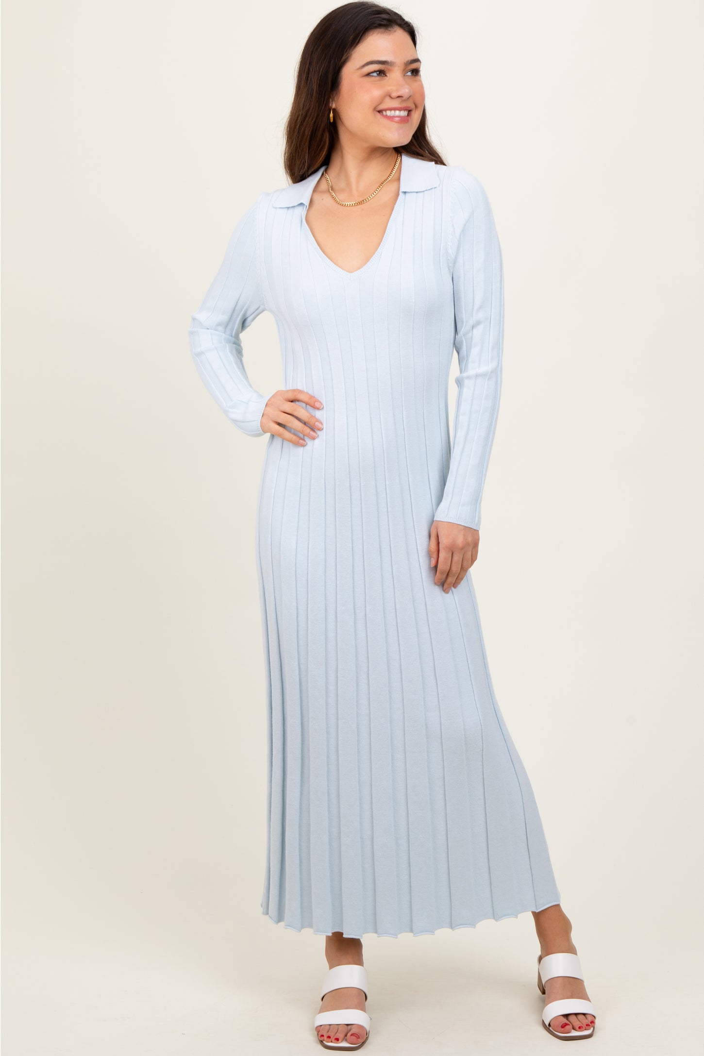 Light Blue Wide Ribbed Knit Collared Midi Dress