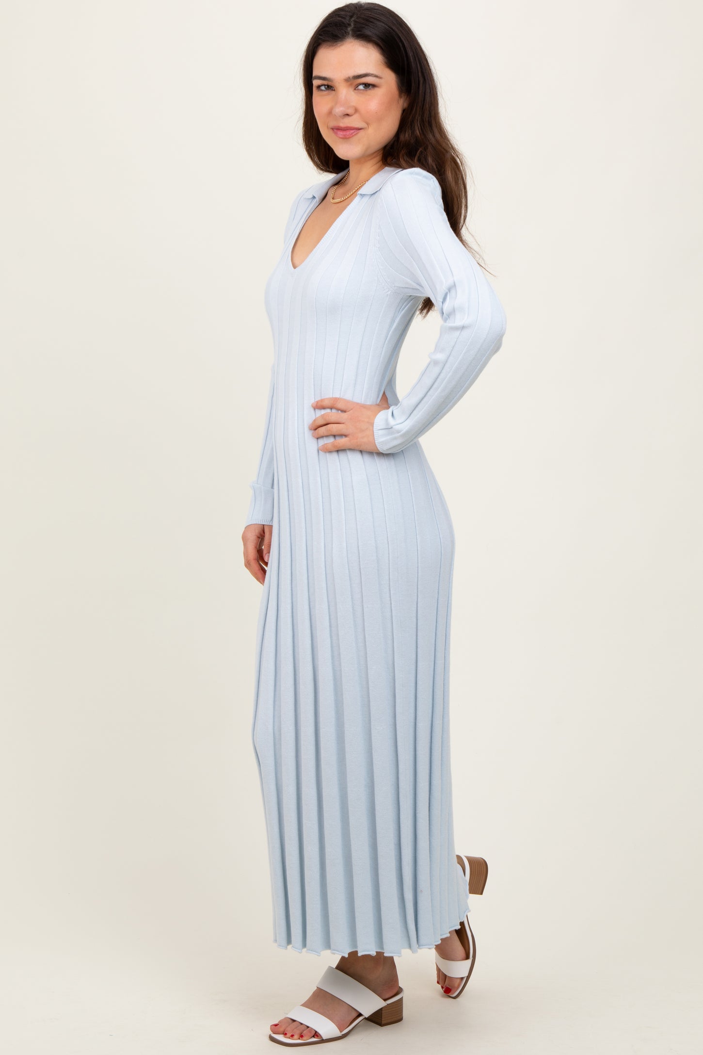 Light Blue Wide Ribbed Knit Collared Midi Dress