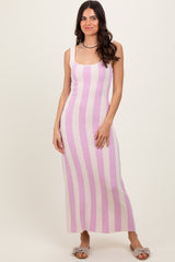 Pink Striped Terry Knit Sleeveless Maternity Midi Dress