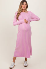 Pink Thick Ribbed Knit Maternity Maxi Sweater Dress