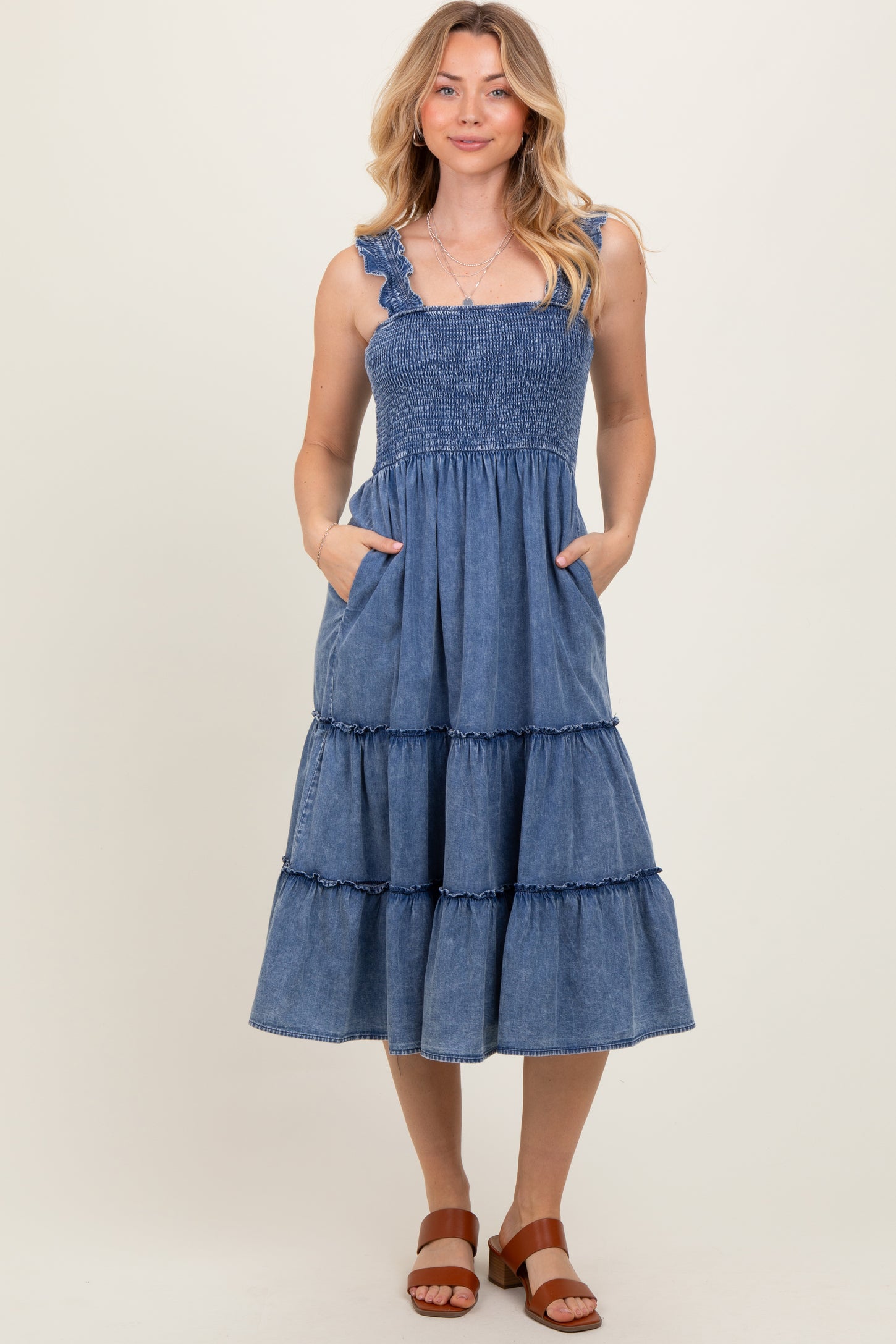 Blue Chambray Smocked Ruffle Tiered Maternity Midi Dress