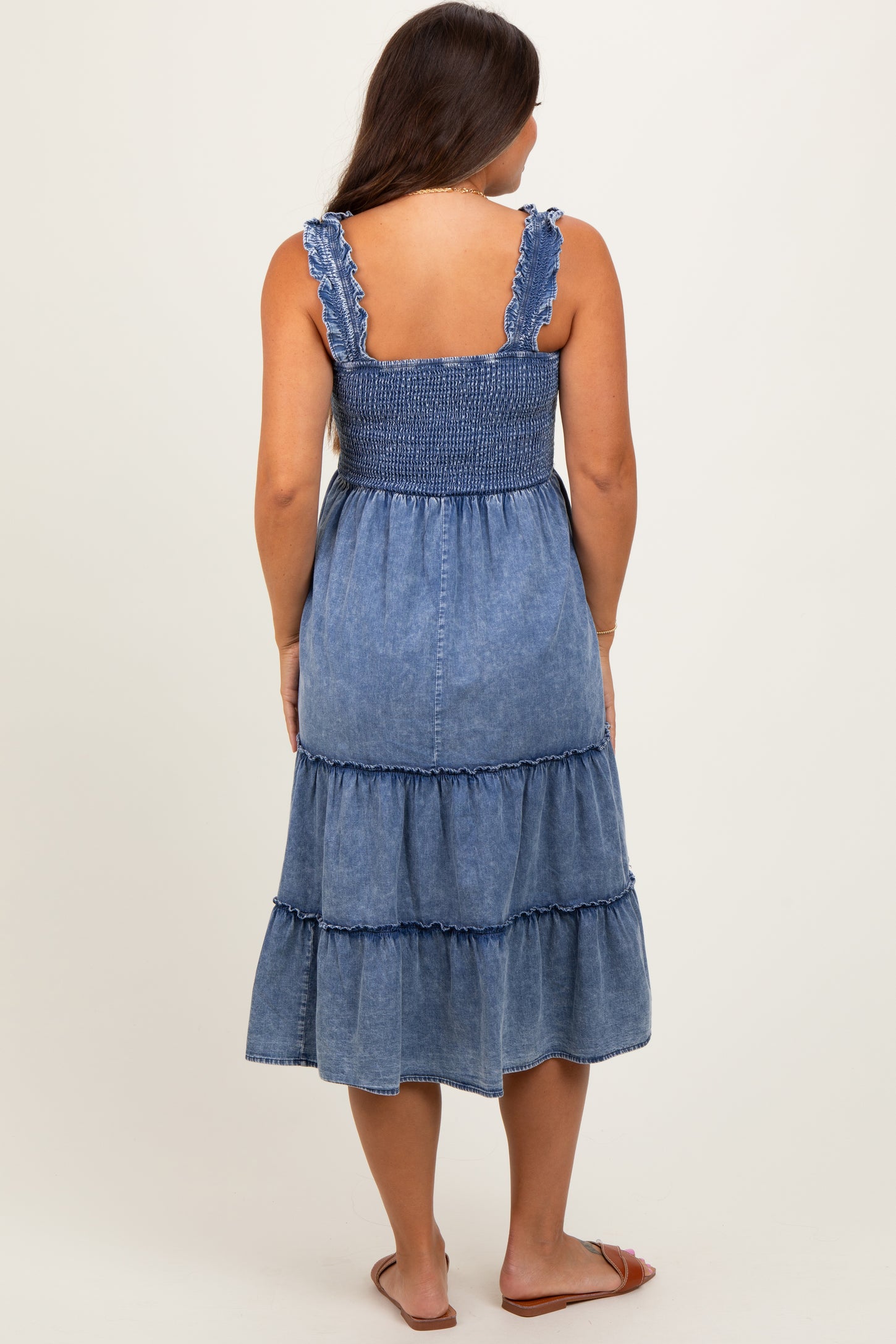 Blue Chambray Smocked Ruffle Tiered Maternity Midi Dress