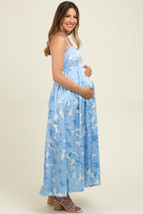 Light Blue Floral Sleeveless Maternity Maxi Dress