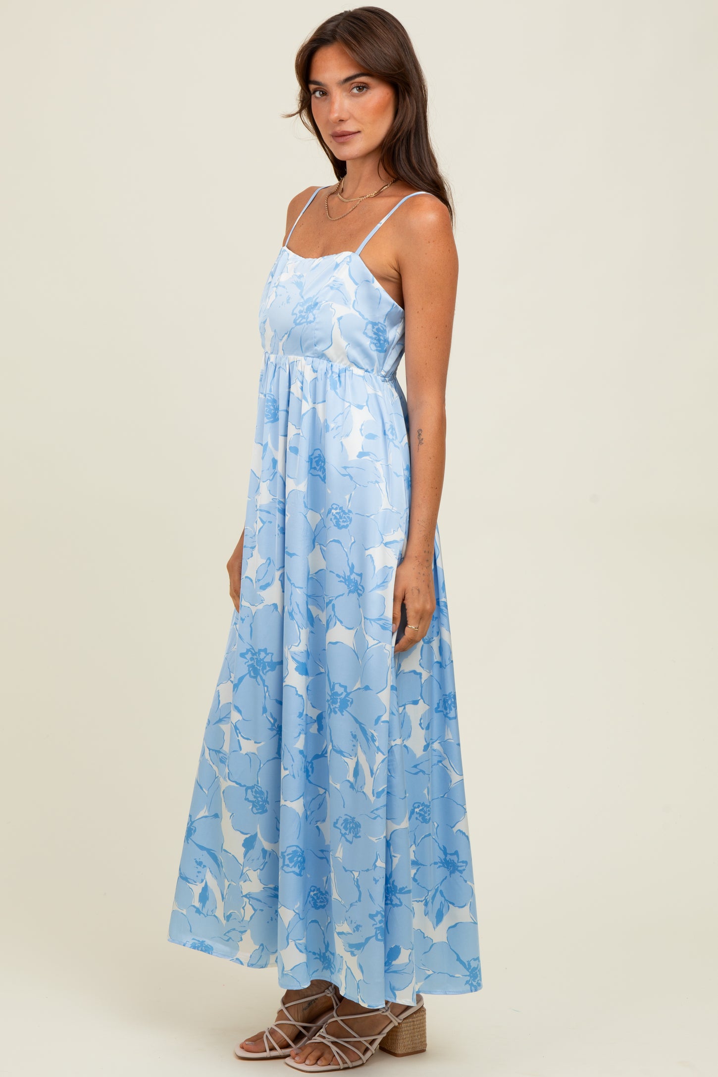 Light Blue Floral Sleeveless Maxi Dress