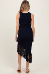 Navy Ribbed Knit Fringe Asymmetrical Hem Maternity Dress