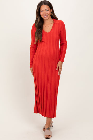 Red Wide Ribbed Knit Collared Maternity Midi Dress