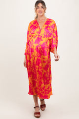 Orange Floral Satin Pleated V-Neck Maternity Maxi Dress