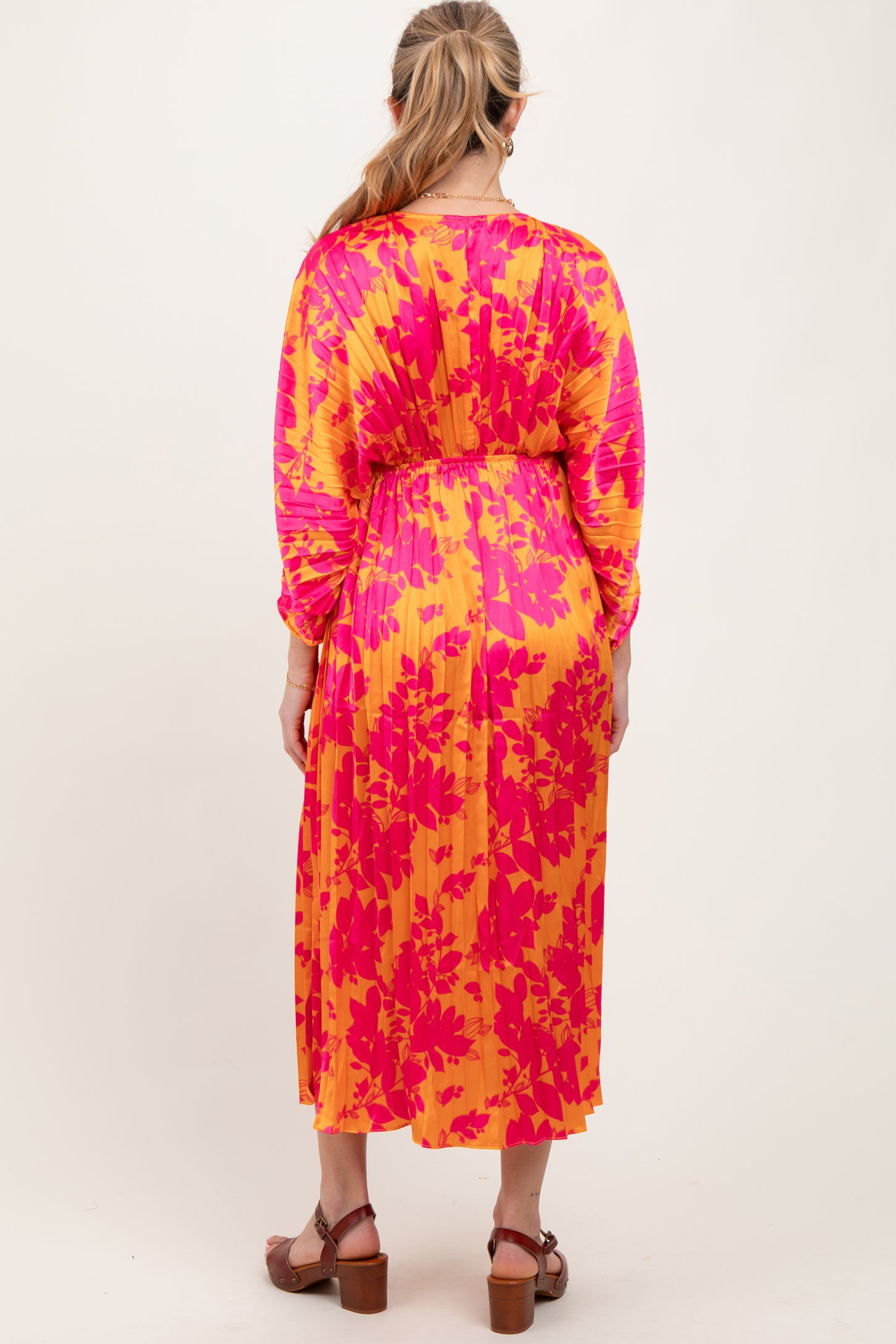 Orange Floral Satin Pleated V-Neck Maternity Maxi Dress