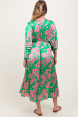Green Floral Satin Pleated V-Neck Maternity Maxi Dress