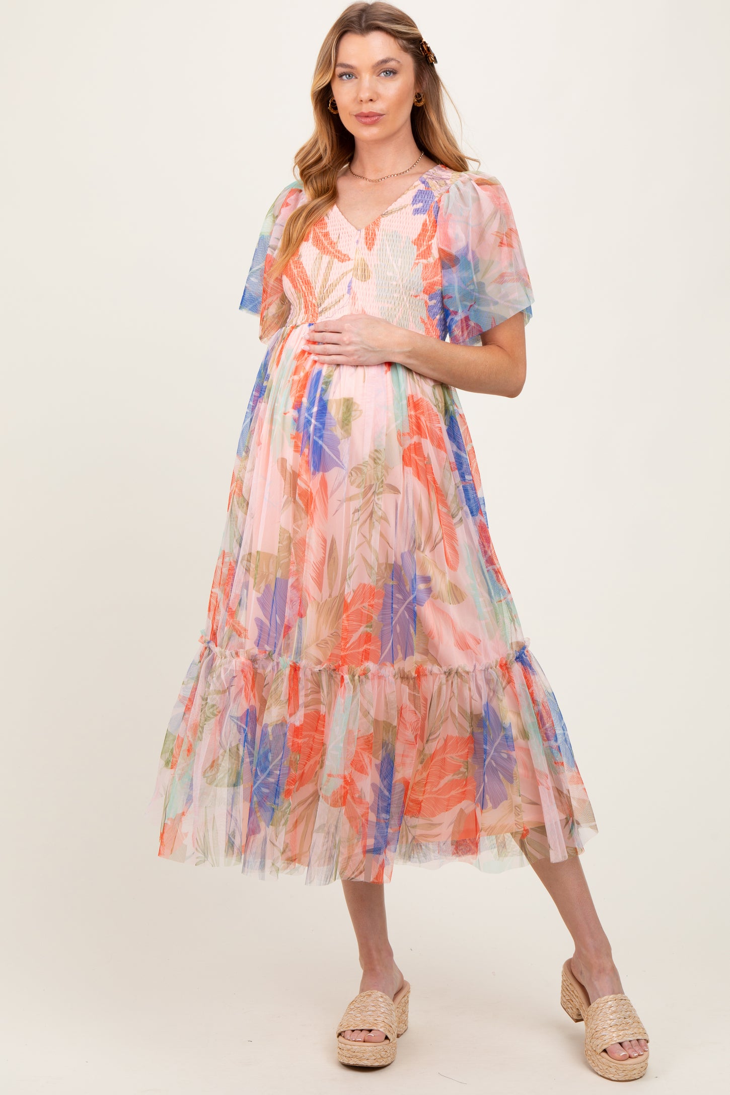 Peach Leaf Print Smocked Mesh Overlay Maternity Dress