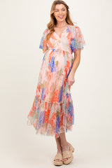 Peach Leaf Print Smocked Mesh Overlay Maternity Dress