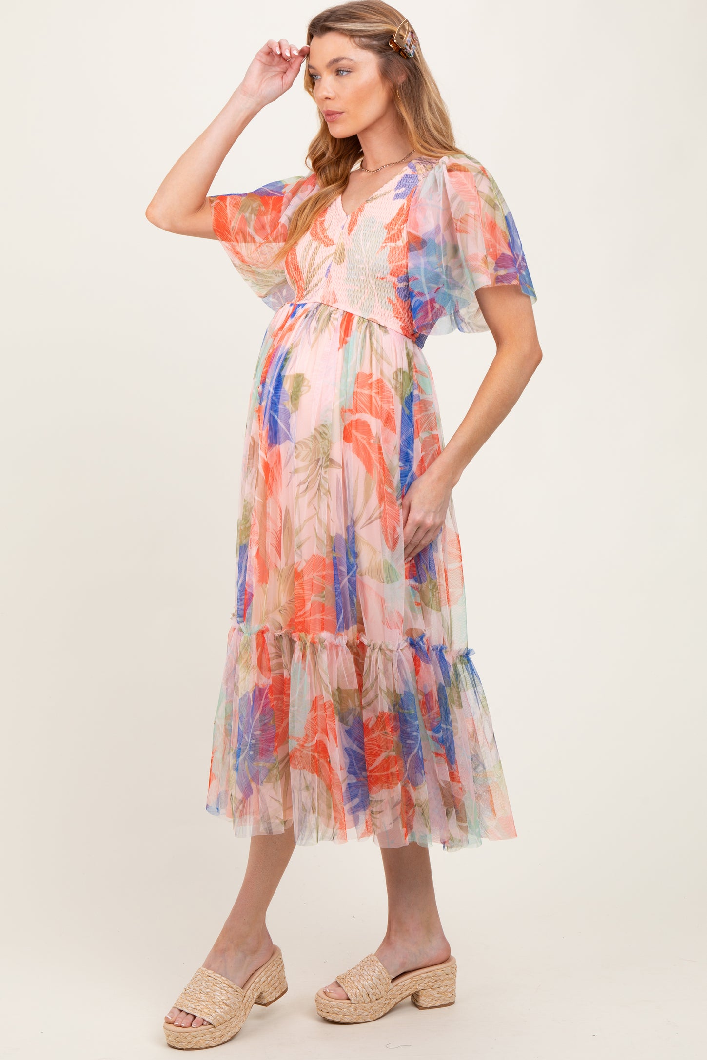 Peach Leaf Print Smocked Mesh Overlay Maternity Dress