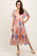 Peach Leaf Print Smocked Mesh Overlay Maternity Dress