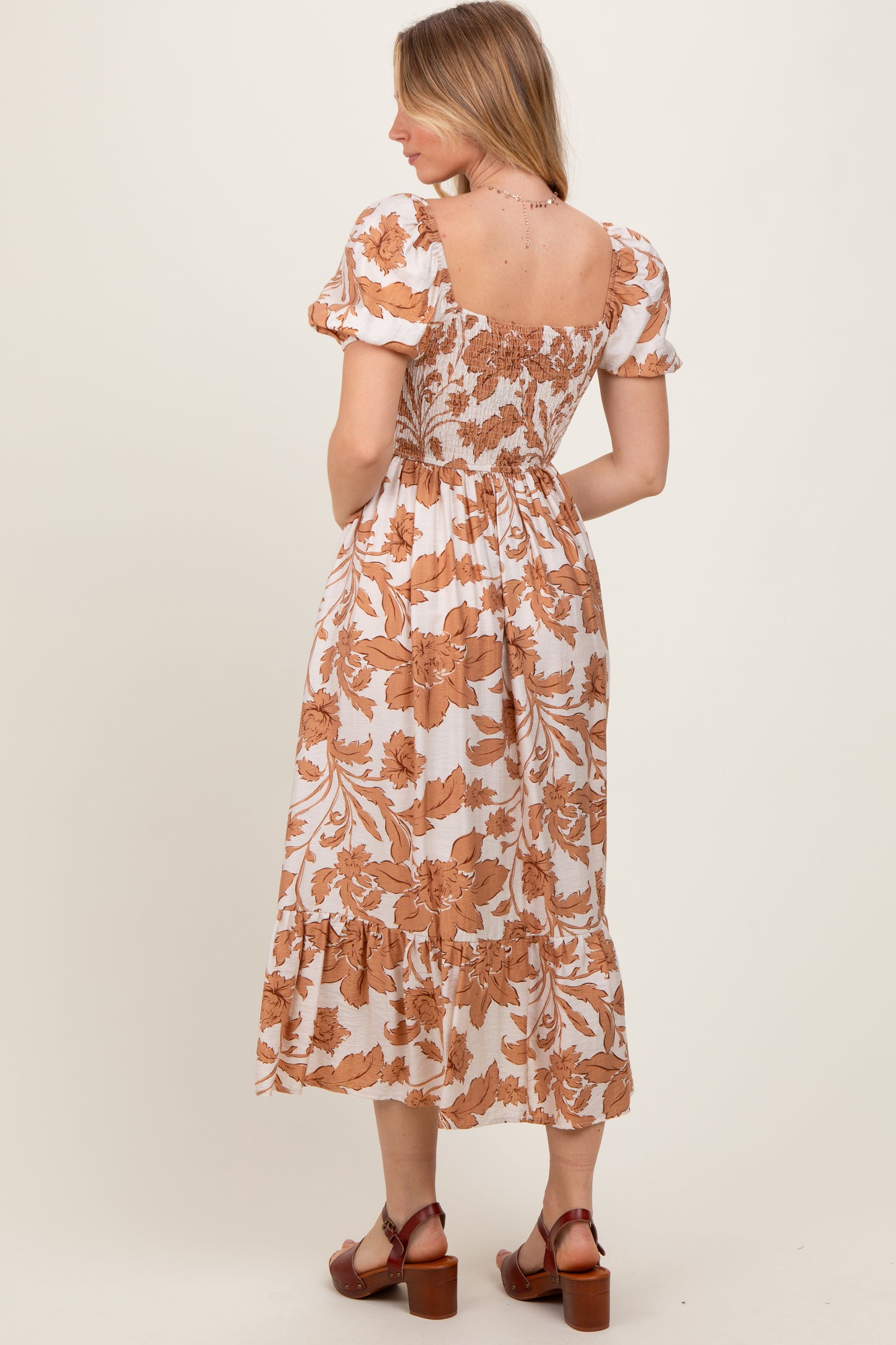 Mocha Floral Smocked Triple Front Tie Midi Dress