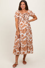Mocha Floral Smocked Triple Front Tie Maternity Midi Dress