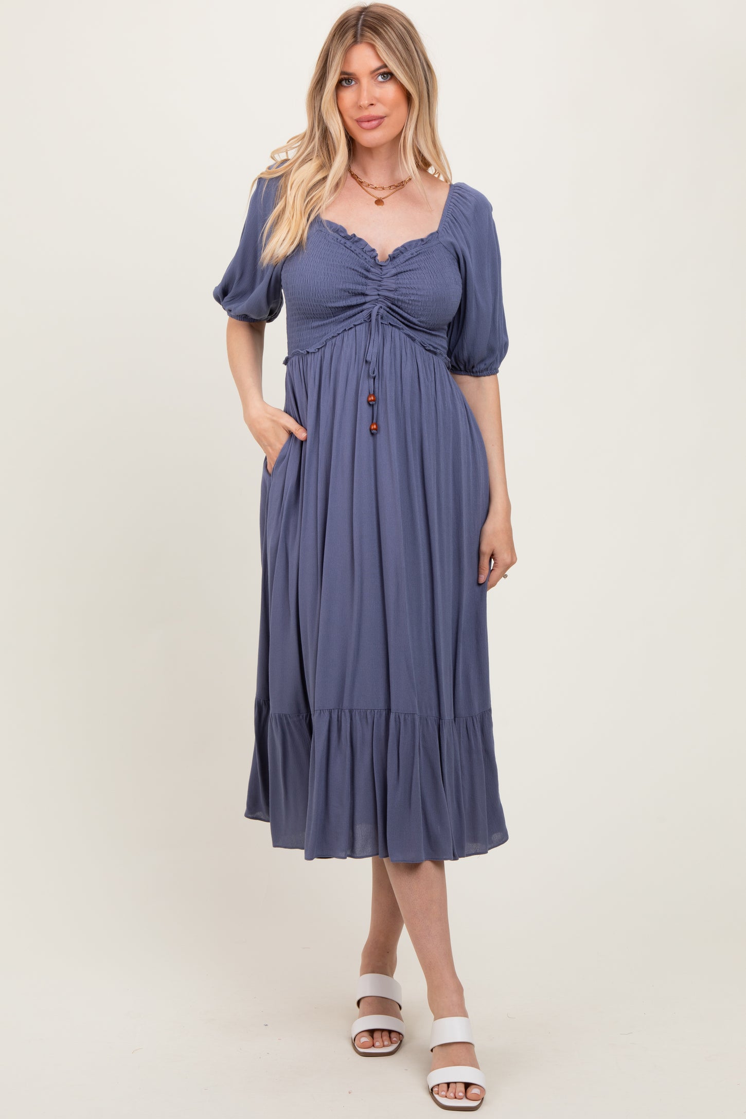 Blue Smocked Cinched Front Maxi Dress