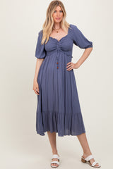 Blue Smocked Cinched Front Maxi Dress