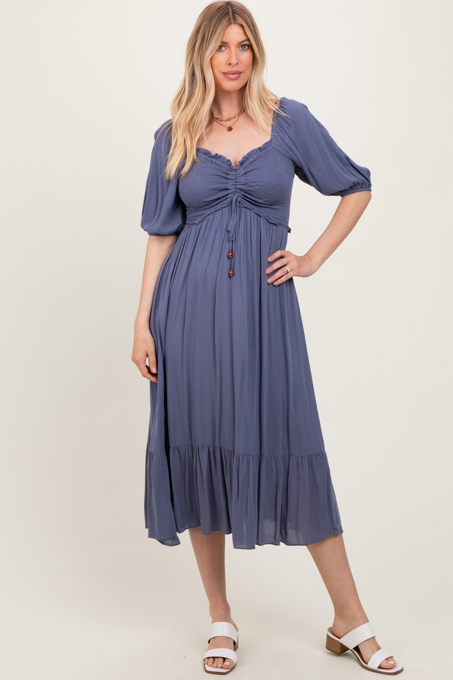 Blue Smocked Cinched Front Maternity Maxi Dress