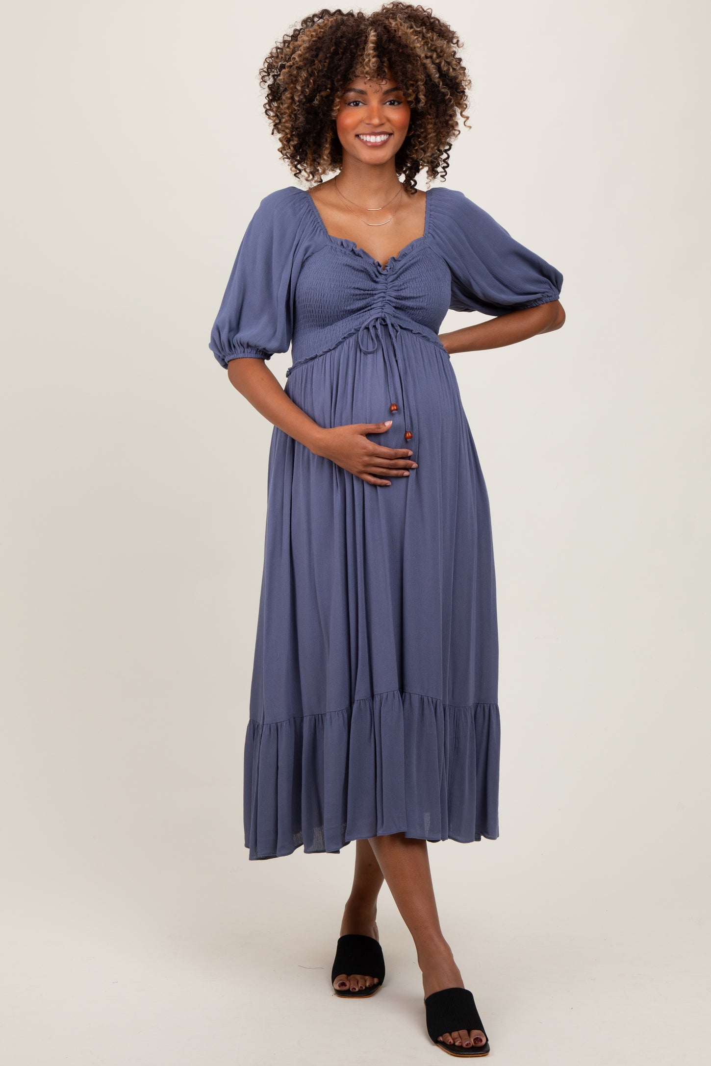 Blue Smocked Cinched Front Maternity Maxi Dress