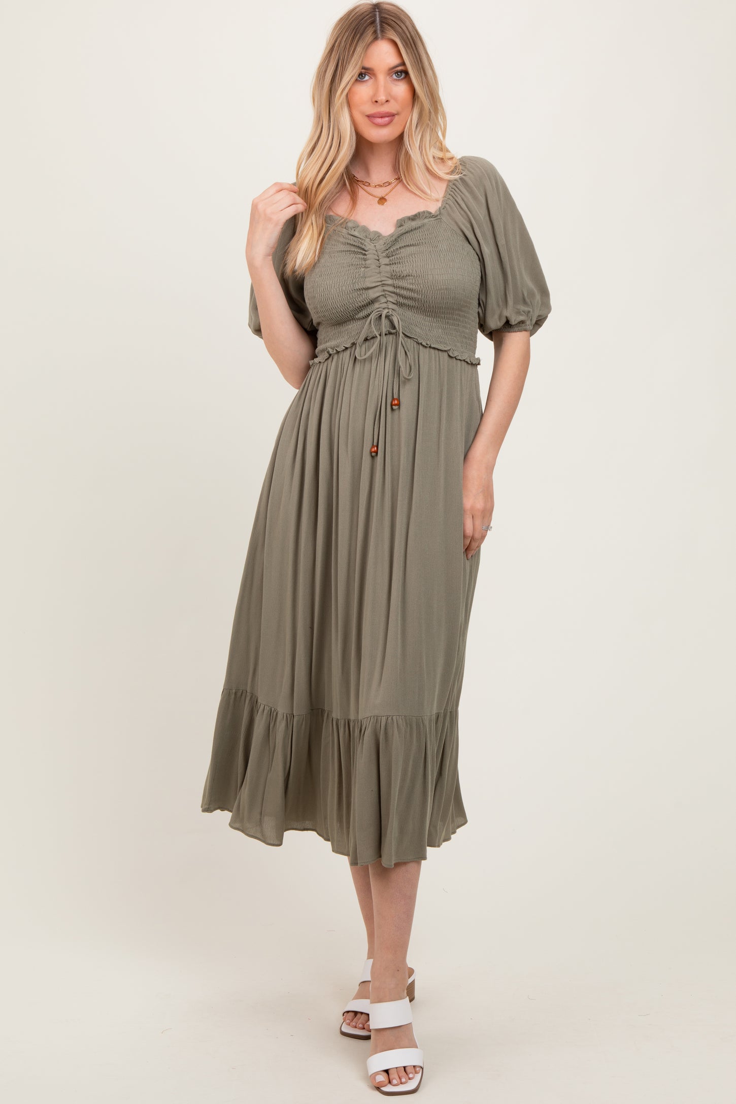 Olive Smocked Cinched Front Maxi Dress