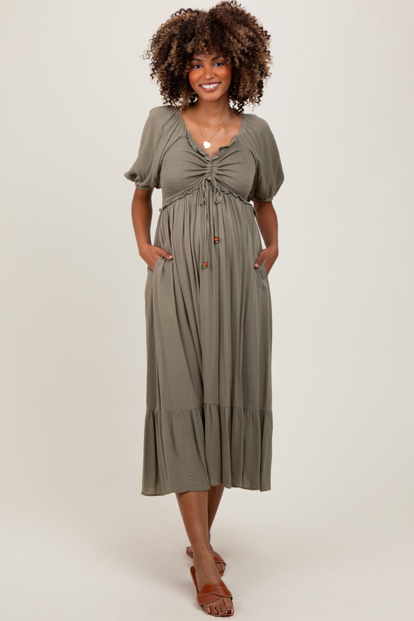 Olive Smocked Cinched Front Maternity Maxi Dress
