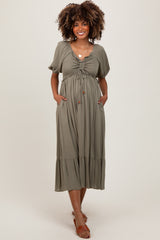 Olive Smocked Cinched Front Maternity Maxi Dress
